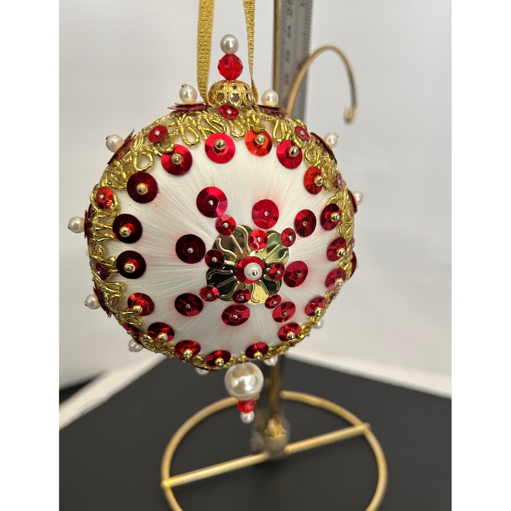 Ornament Christmas White Red Gold Sequin Pearl Satin Collectible Handcrafted